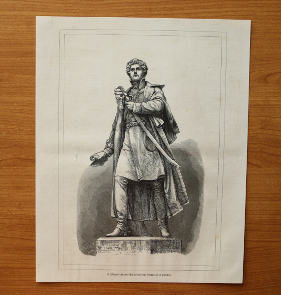 Wood Engraving Dresden 1871 Koerner statue at the Georg place by C Haehnel